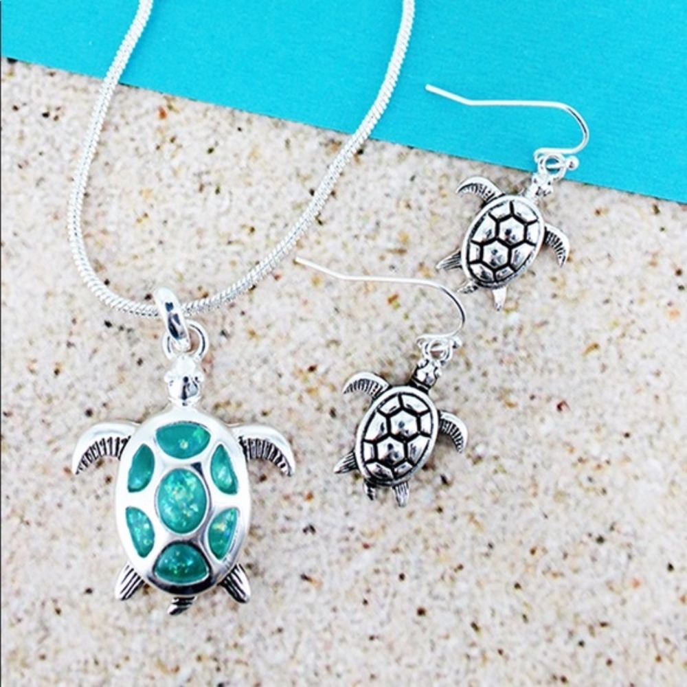 2/$16- SET- TURQUOISE TURTLE NECKLACE EARRING - Picture 1 of 1